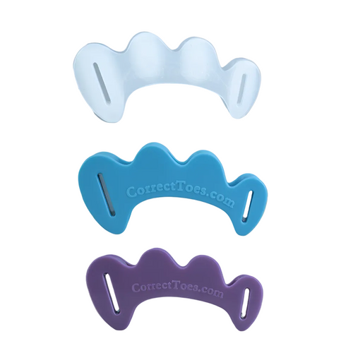 Correct Toes Original in three colors; clear, aqua, and plum.